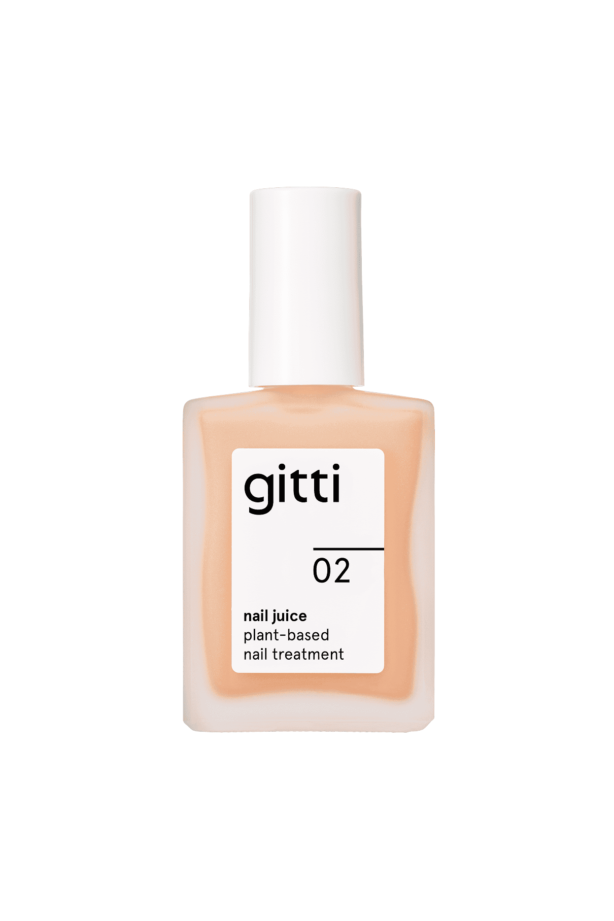 Eine Flasche Nail Juice no. 02, eine pflanzliche Nagelpflege in Honey Peach-Ton, mit transparenter, pfirsichfarbener Flüssigkeit und weißer Kappe vor hellem Hintergrund.