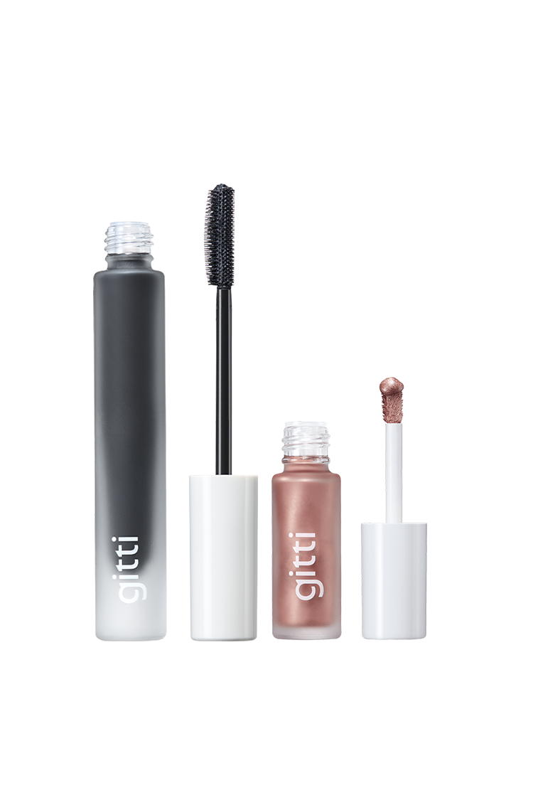 Das Essential Eye Duo enthält die schwarze Mascara von gitti und den Halo Eyes Lidschatten in Metallic-Rosa, beide offen auf weißem Hintergrund - perfekt, um gemeinsam atemberaubende Augen-Looks zu kreieren.